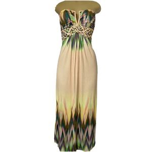 SKY Dress Tunic Maxi Midi Peach Strapless Braided Empire Waist Multi Color L